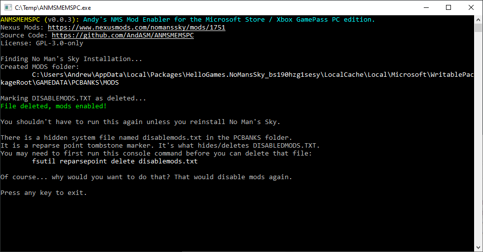 ANMSMEMSPC - Andy's NMS Mod Enabler for the Microsoft Store edition (Xbox GamePass PC)