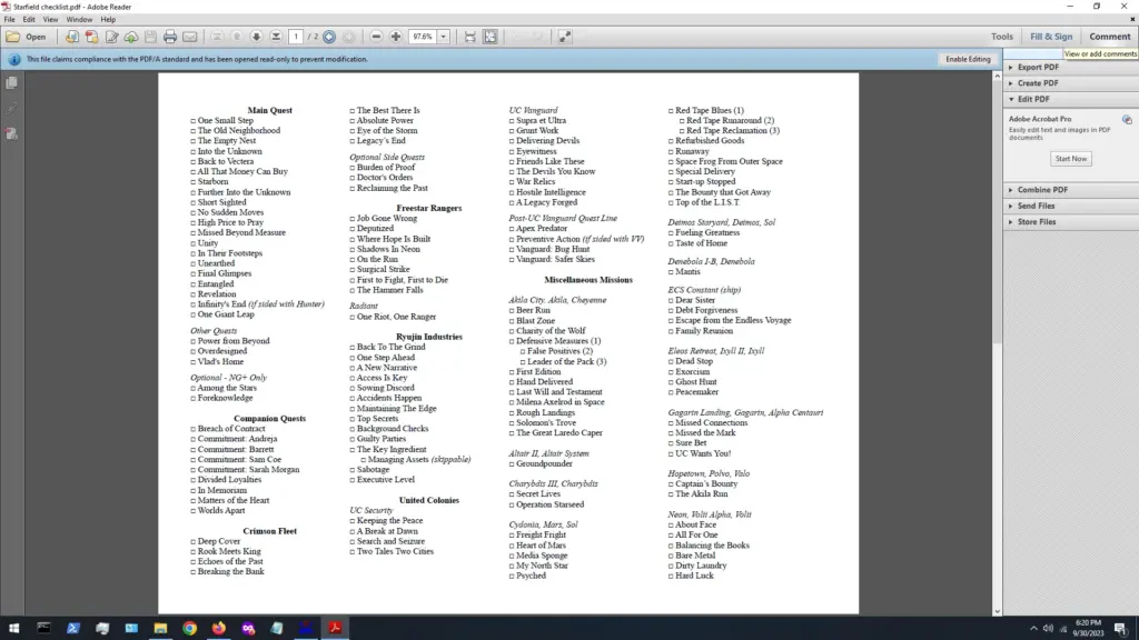 Starfield Quest Checklist V1.0